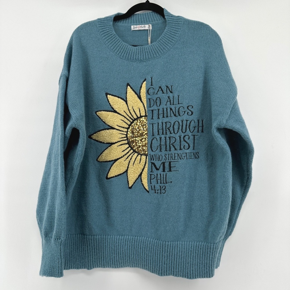 Love in Faith Womens Phil 4.13 Flower Embellished Sweater Slate Blue Size M NEW